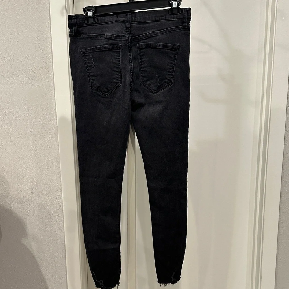 Free People Distressed Black Skinny Jeans Size 28 | Raw Hem Stretch Denim